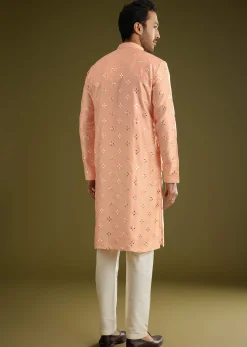 Peach Silk Blend Kurta Set With Mirror Work