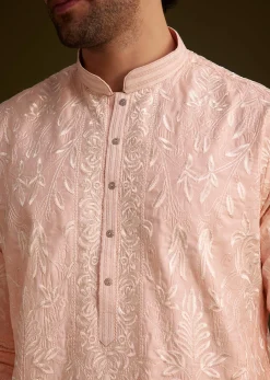 Peach Silk Embroidered Kurta Set