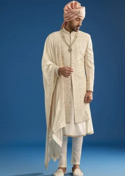 Peach Silk Groom Sherwani Set With Thread And Zardosi Work