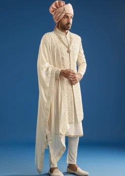 Peach Silk Groom Sherwani Set With Thread And Zardosi Work