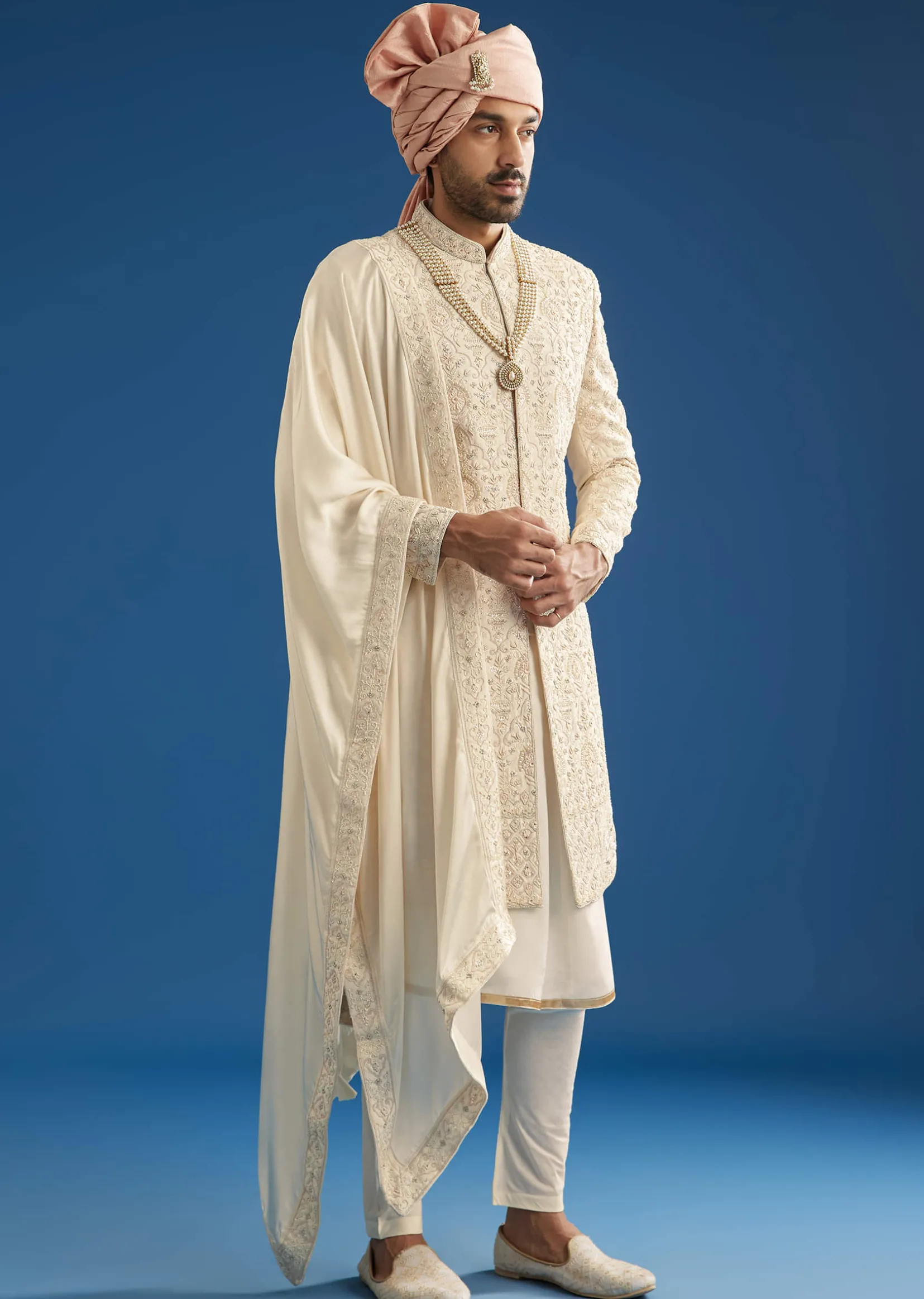 Peach Silk Groom Sherwani Set With Thread And Zardosi Work