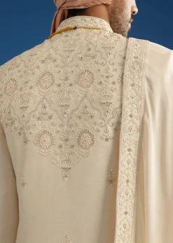 Peach Silk Groom Sherwani Set With Thread And Zardosi Work