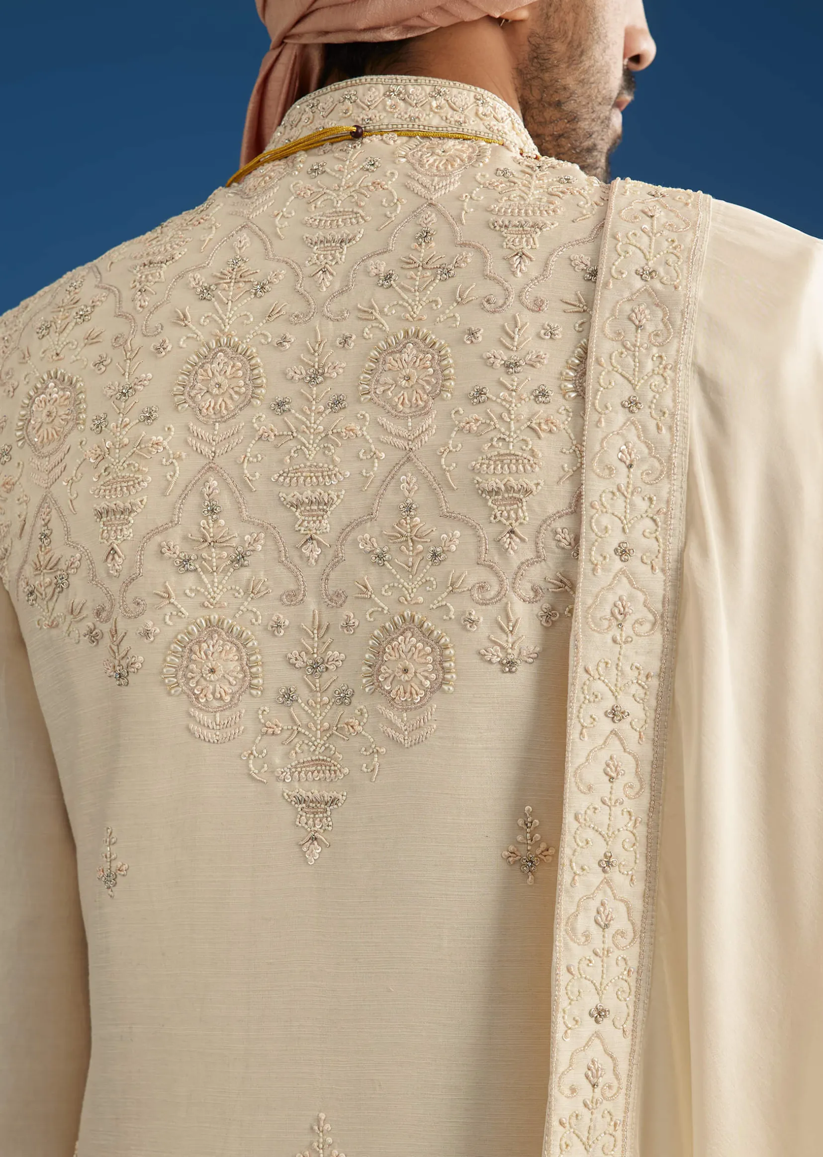 Peach Silk Groom Sherwani Set With Thread And Zardosi Work