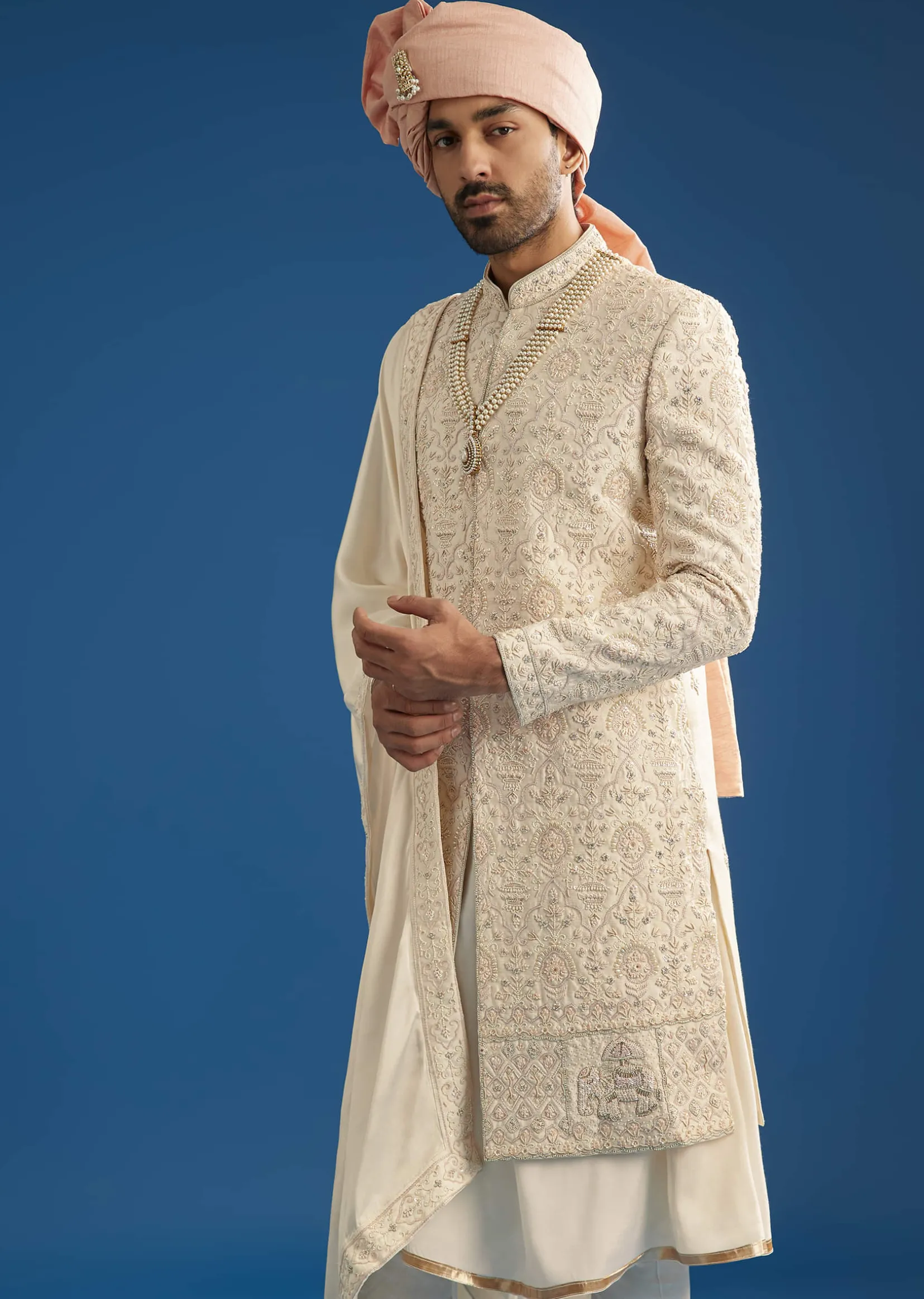Peach Silk Groom Sherwani Set With Thread And Zardosi Work