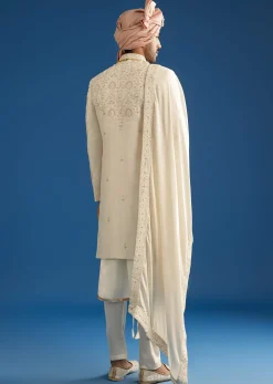 Peach Silk Groom Sherwani Set With Thread And Zardosi Work