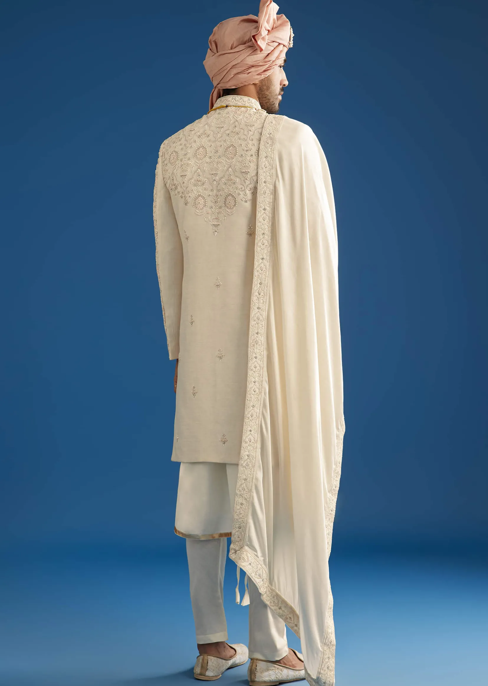 Peach Silk Groom Sherwani Set With Thread And Zardosi Work