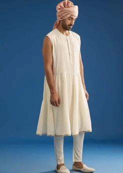 Peach Silk Groom Sherwani Set With Thread And Zardosi Work