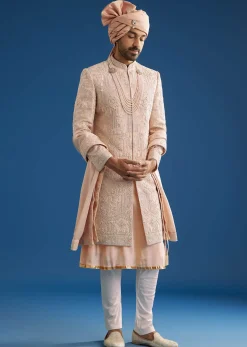 Peach Silk Groom Sherwani Set With Zardosi Embroidery