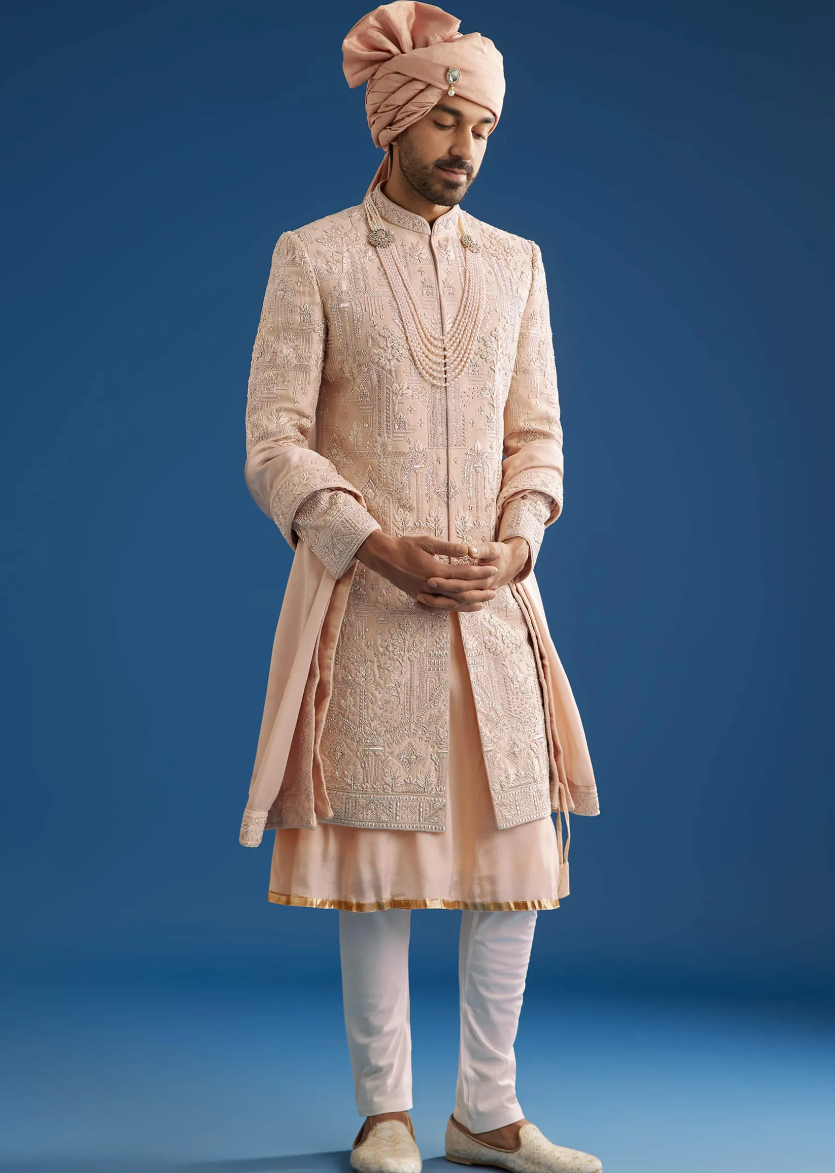 Peach Silk Groom Sherwani Set With Zardosi Embroidery