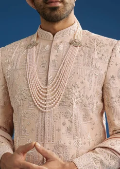 Peach Silk Groom Sherwani Set With Zardosi Embroidery