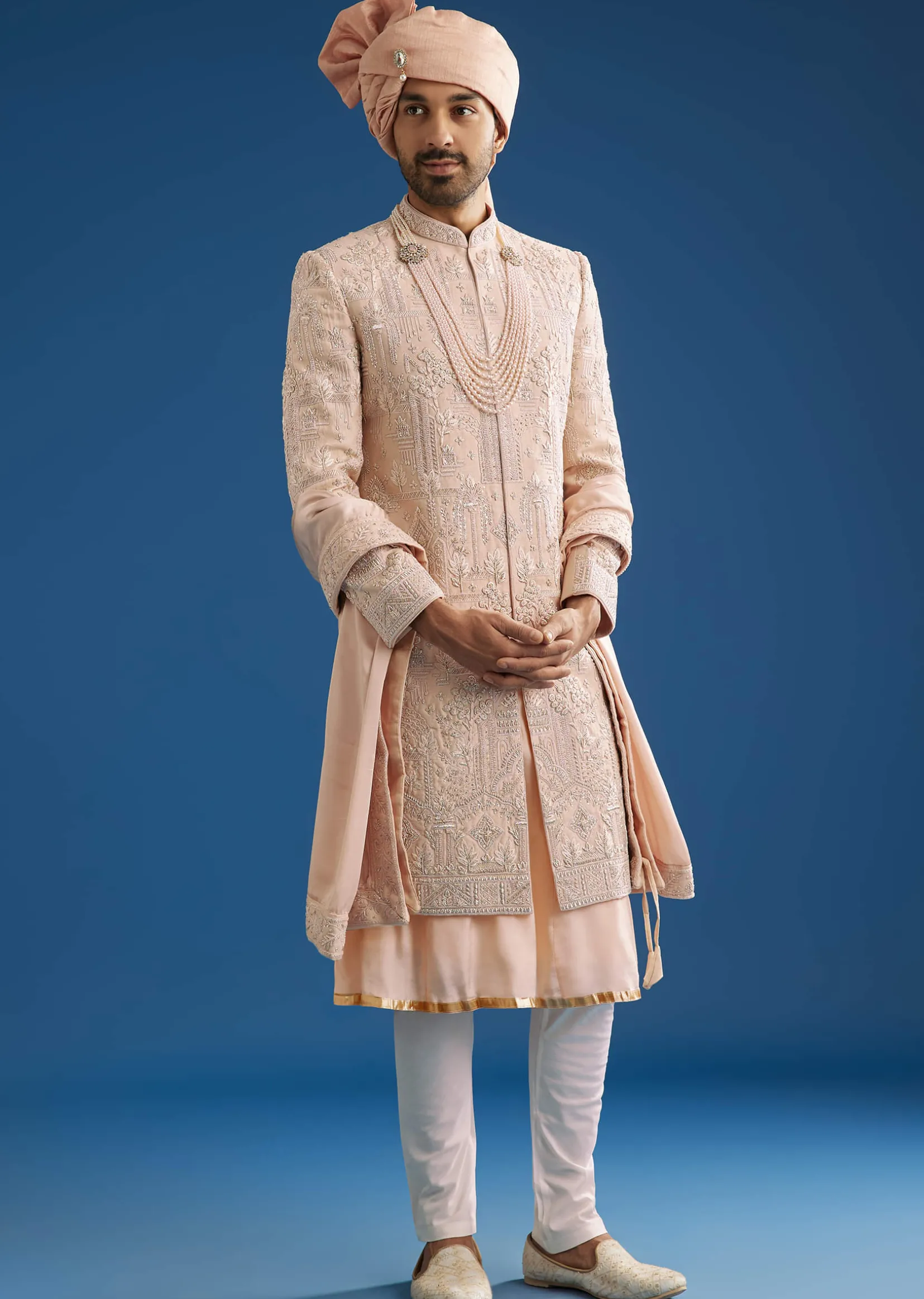 Peach Silk Groom Sherwani Set With Zardosi Embroidery