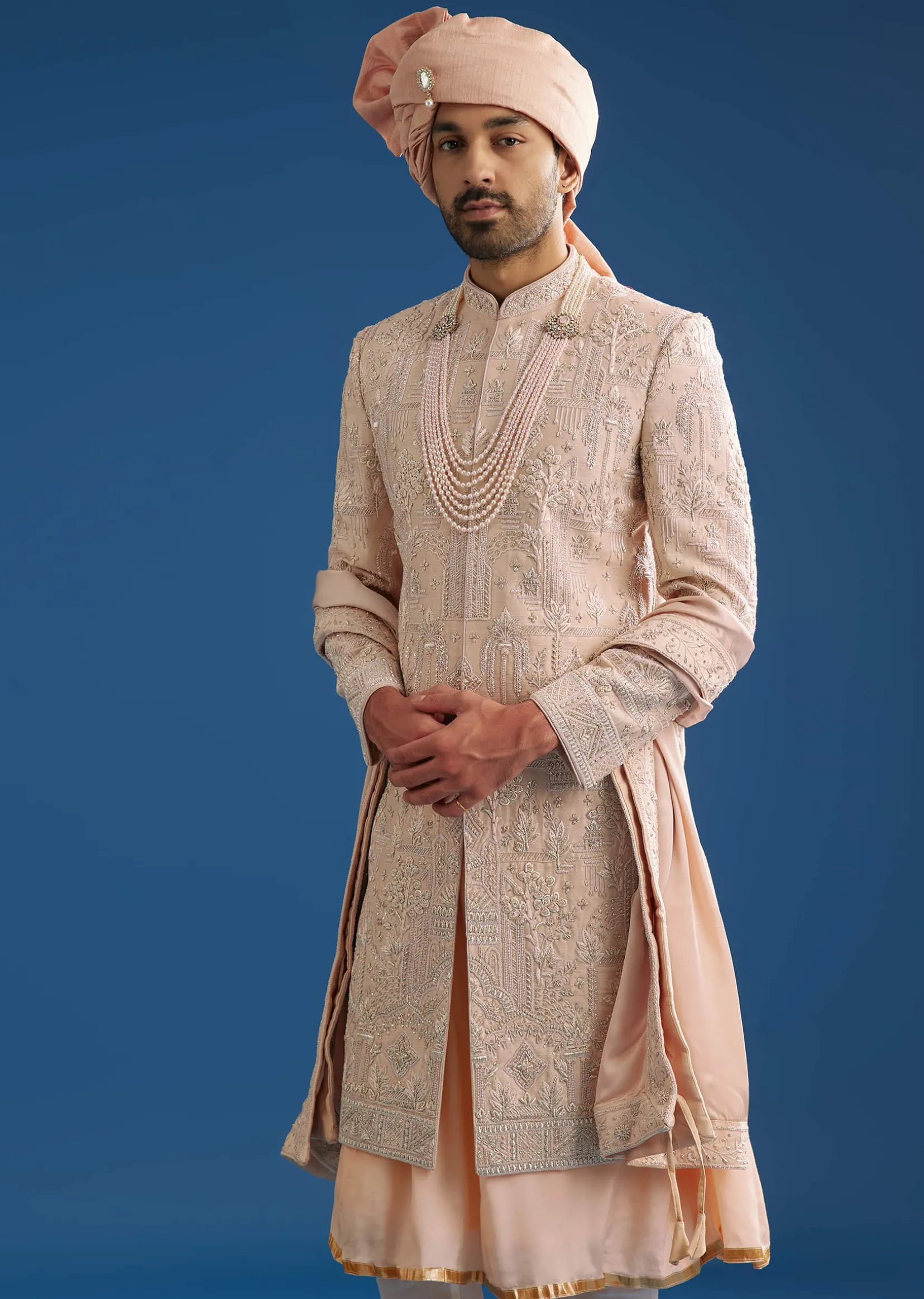 Peach Silk Groom Sherwani Set With Zardosi Embroidery