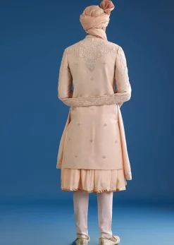 Peach Silk Groom Sherwani Set With Zardosi Embroidery