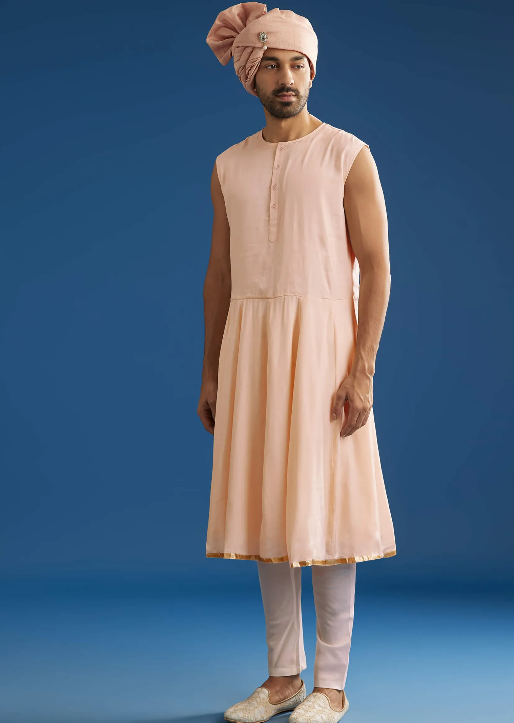 Peach Silk Groom Sherwani Set With Zardosi Embroidery