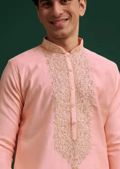Peach Silk Hand Embroidered Yoke Kurta Set