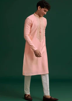 Peach Silk Hand Embroidered Yoke Kurta Set