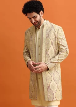 Peach Silk Indowestern Set With Hand Work For Men