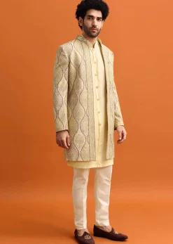 Peach Silk Indowestern Set With Hand Work For Men