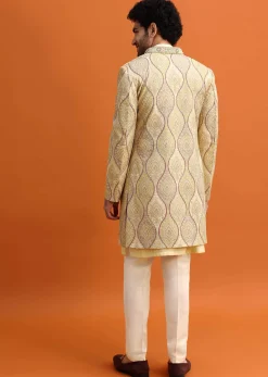 Peach Silk Indowestern Set With Hand Work For Men