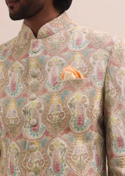 Peach Silk Jodhpuri Suit In Threadwork For Men