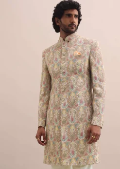 Peach Silk Jodhpuri Suit In Threadwork For Men