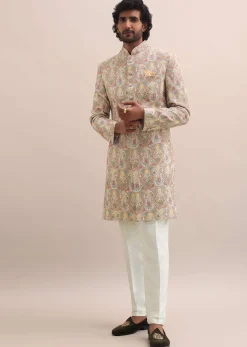 Peach Silk Jodhpuri Suit In Threadwork For Men