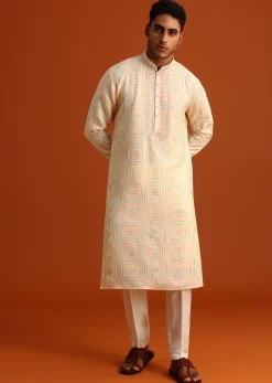 Peach Silk Kurta Pant Set With Hand Work on Yoke