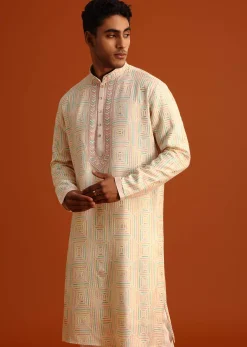 Peach Silk Kurta Pant Set With Hand Work on Yoke