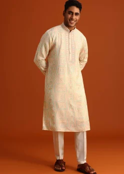 Peach Silk Kurta Pant Set With Hand Work on Yoke