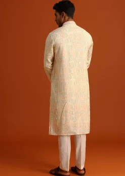 Peach Silk Kurta Pant Set With Hand Work on Yoke