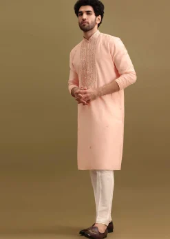 Peach Silk Kurta Set With Zari Work For Men