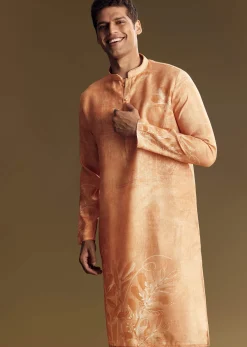 Peach Silk Kurta Set With Mandarin Collar