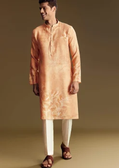 Peach Silk Kurta Set With Mandarin Collar