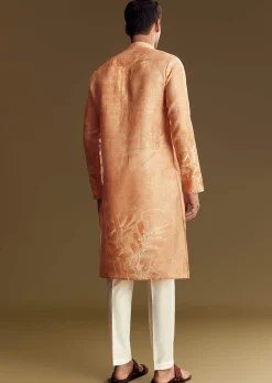 Peach Silk Kurta Set With Mandarin Collar