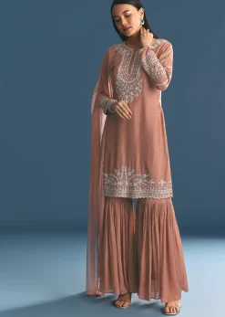 Peach Silk Kurta Sharara Suit With Cutdana Sequins Work
