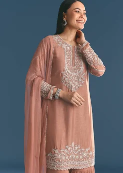 Peach Silk Kurta Sharara Suit With Cutdana Sequins Work