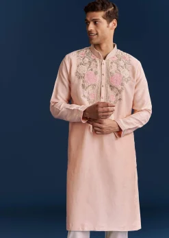 Peach Silk Kurta With Floral Resham Thread And Embroidery