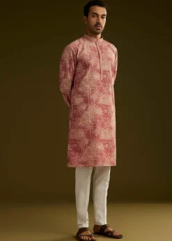 Peach Silk Printed Kurta Set With Tree Motifs
