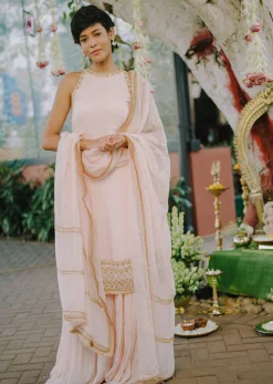 Peach Silk Sharara Set With Hand Work Detail