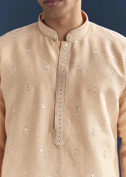 Peach Silk Textured Kurta Set For Men With Thread And Mirror Work