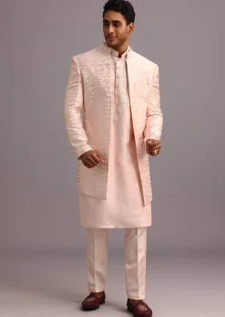 Peach Silk Thread Resham Work Sherwani Set