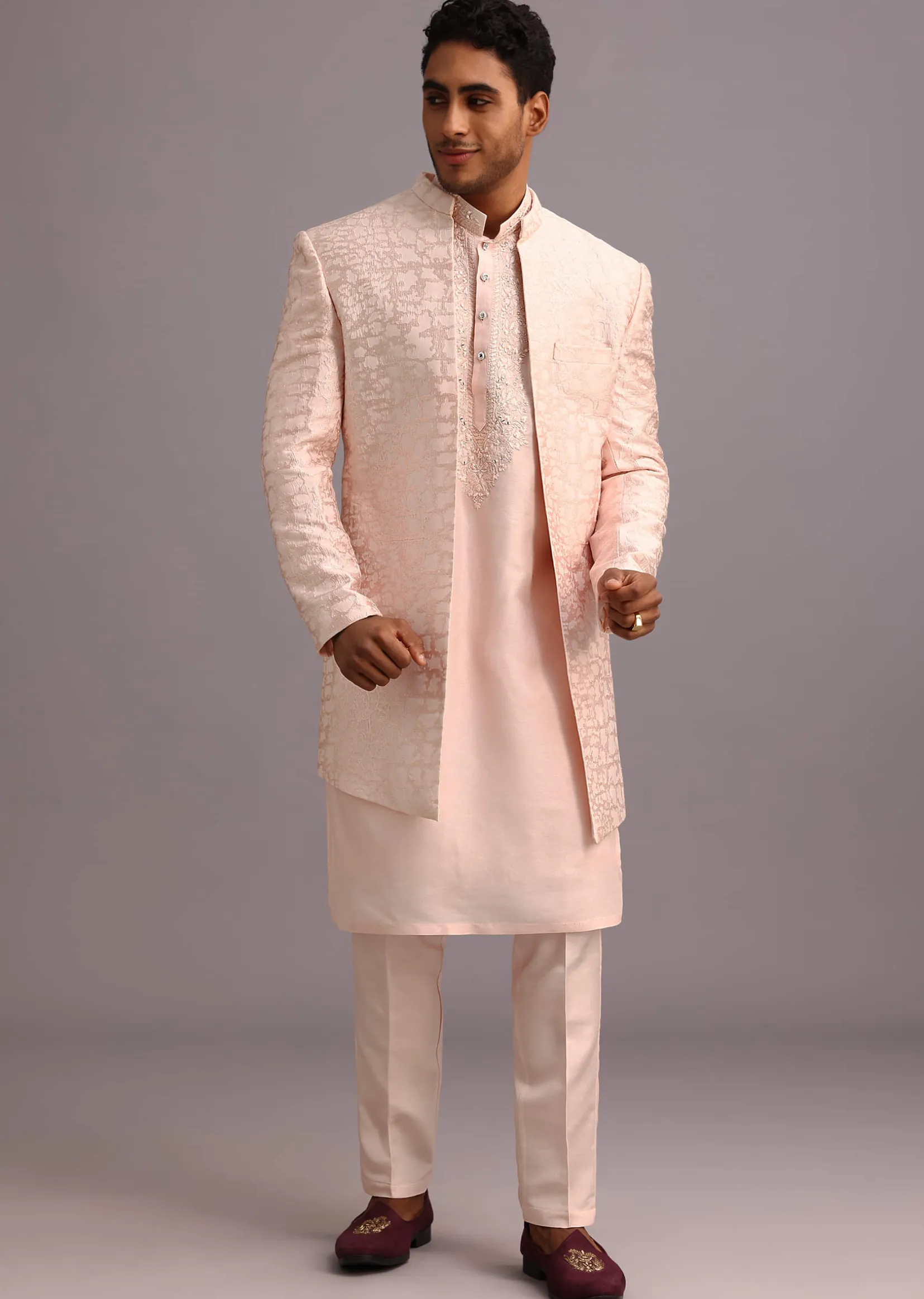 Peach Silk Thread Resham Work Sherwani Set