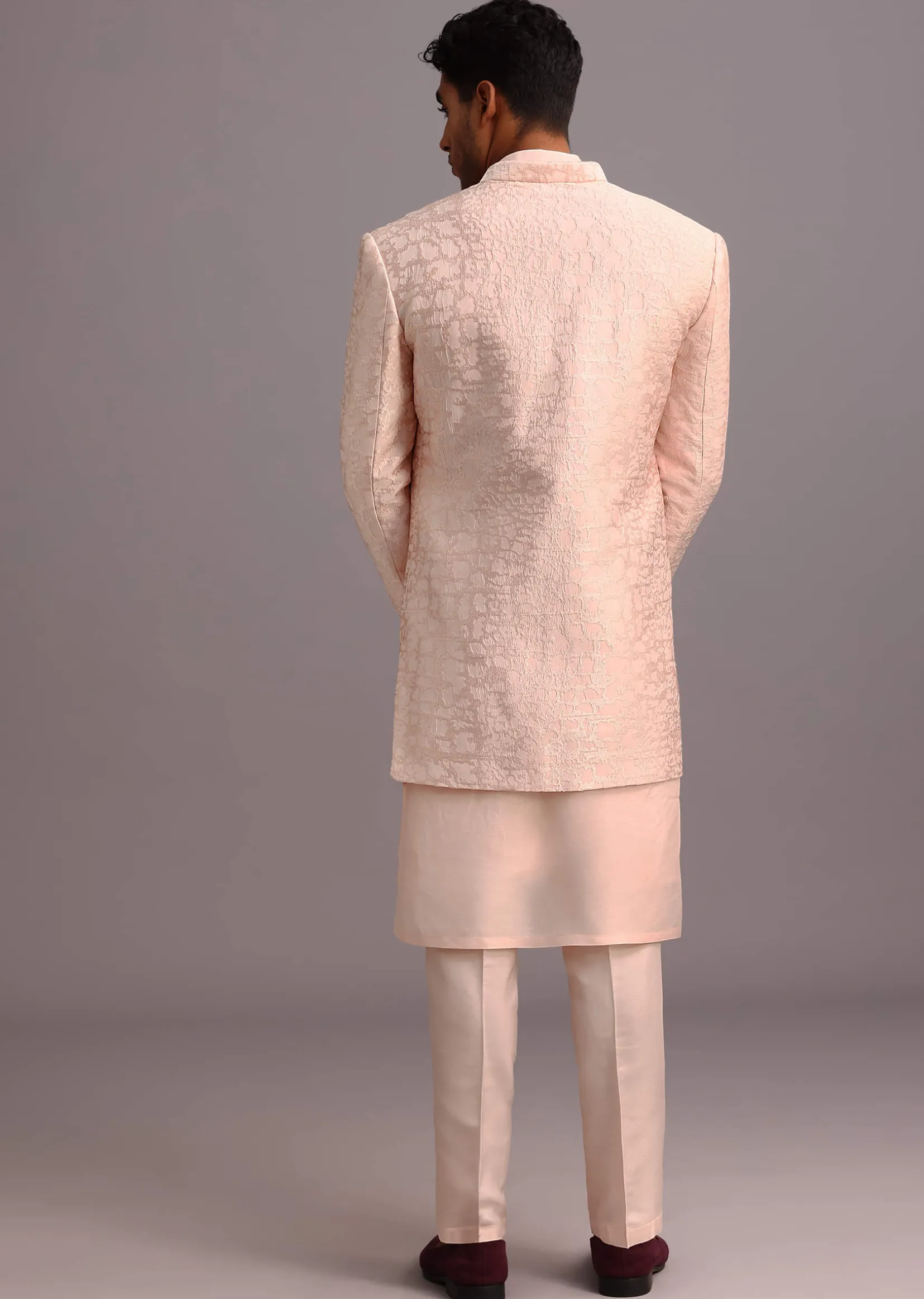 Peach Silk Thread Resham Work Sherwani Set