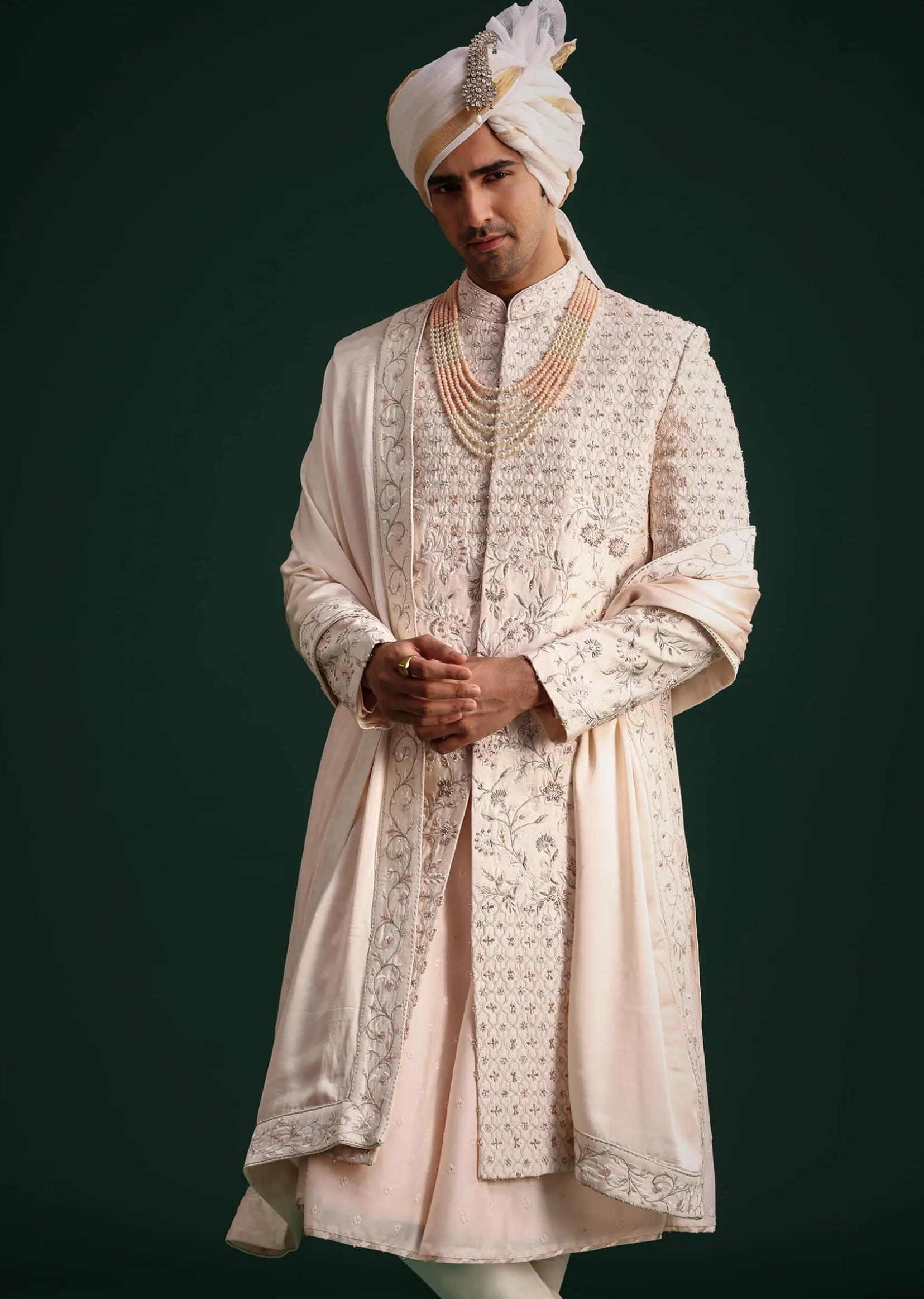 Peach Silk Zari Embroidered Sherwani Suit With Mala And Dupatta