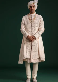 Peach Silk Zari Embroidered Sherwani Suit With Mala And Dupatta