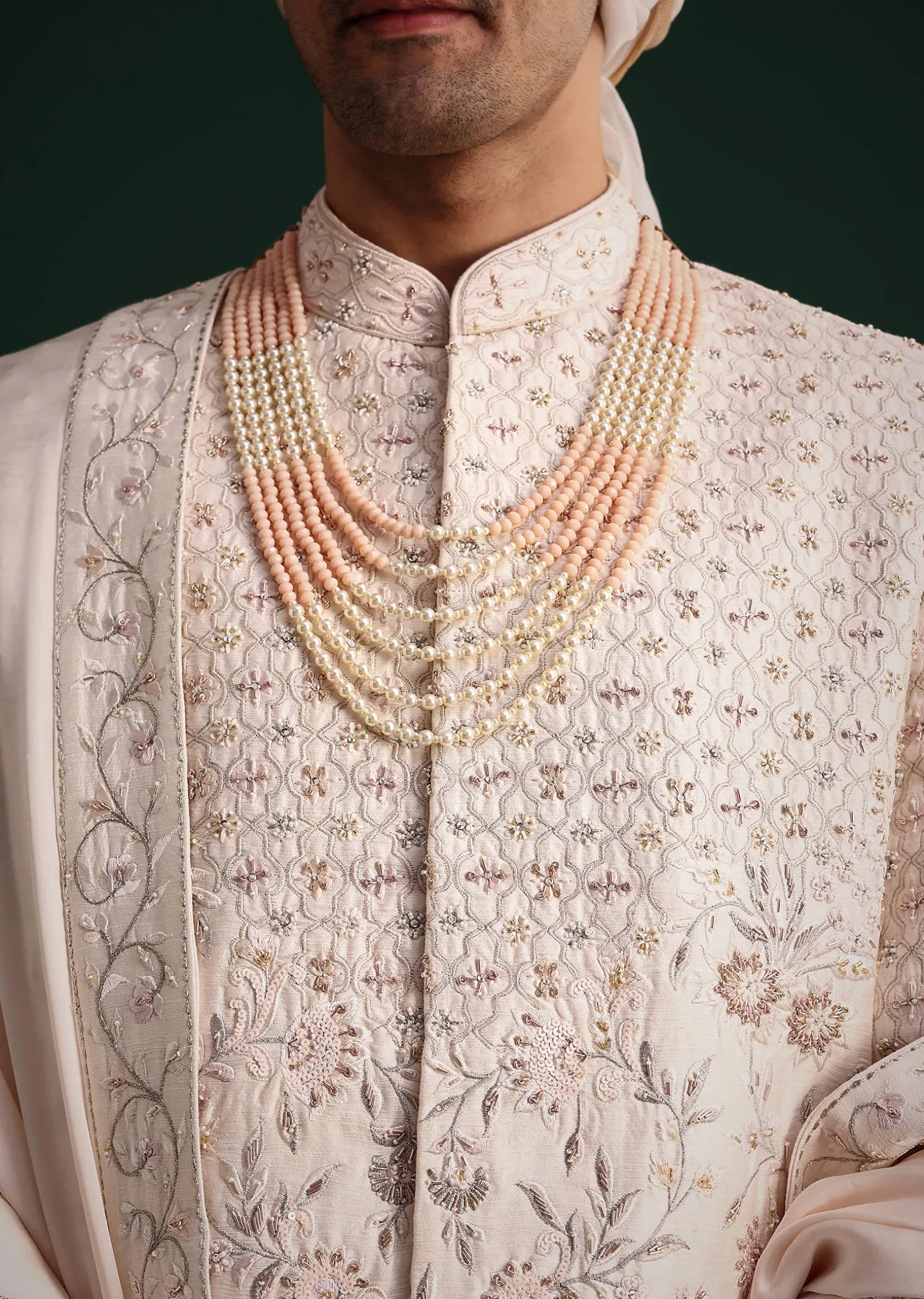 Peach Silk Zari Embroidered Sherwani Suit With Mala And Dupatta