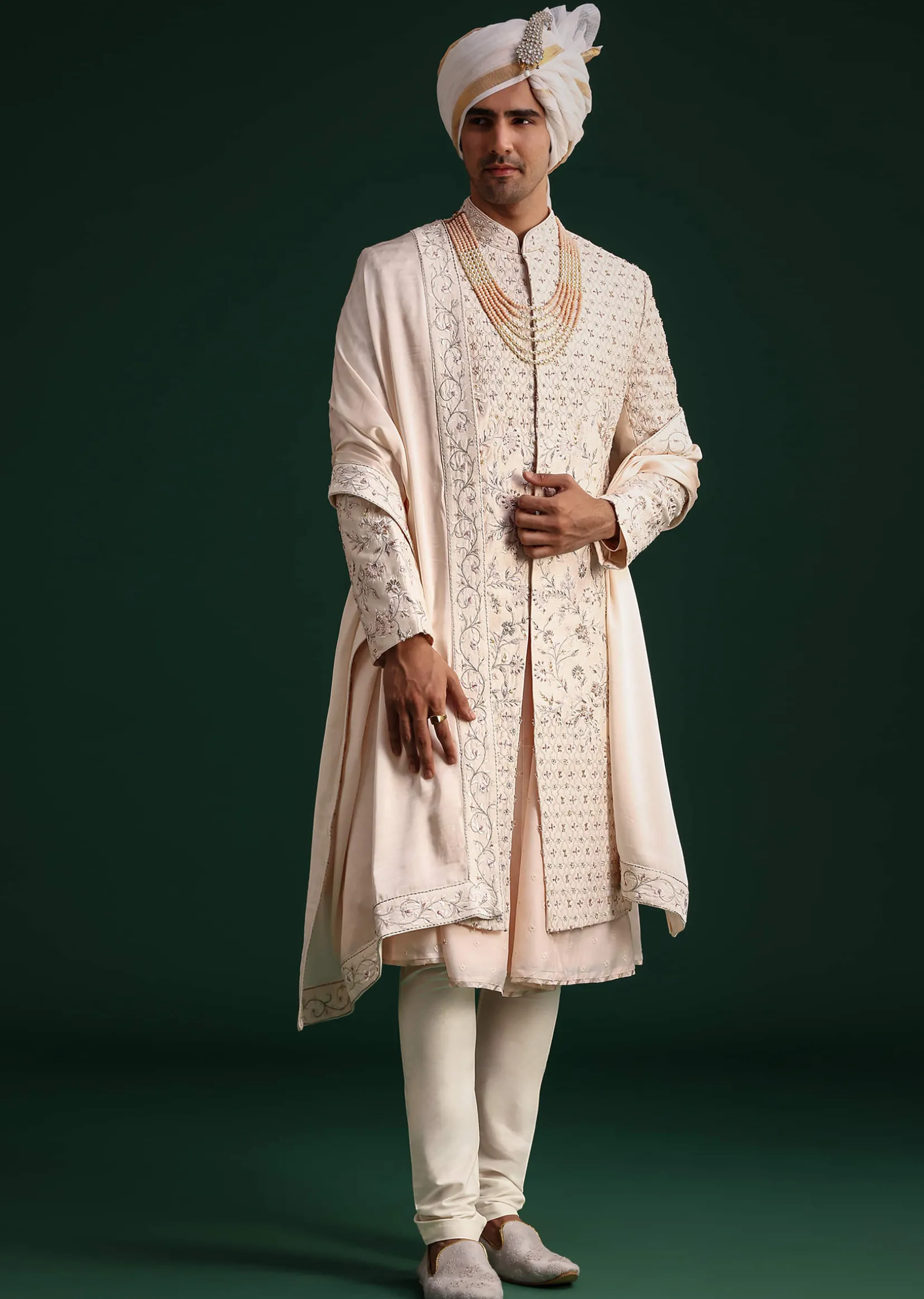 Peach Silk Zari Embroidered Sherwani Suit With Mala And Dupatta