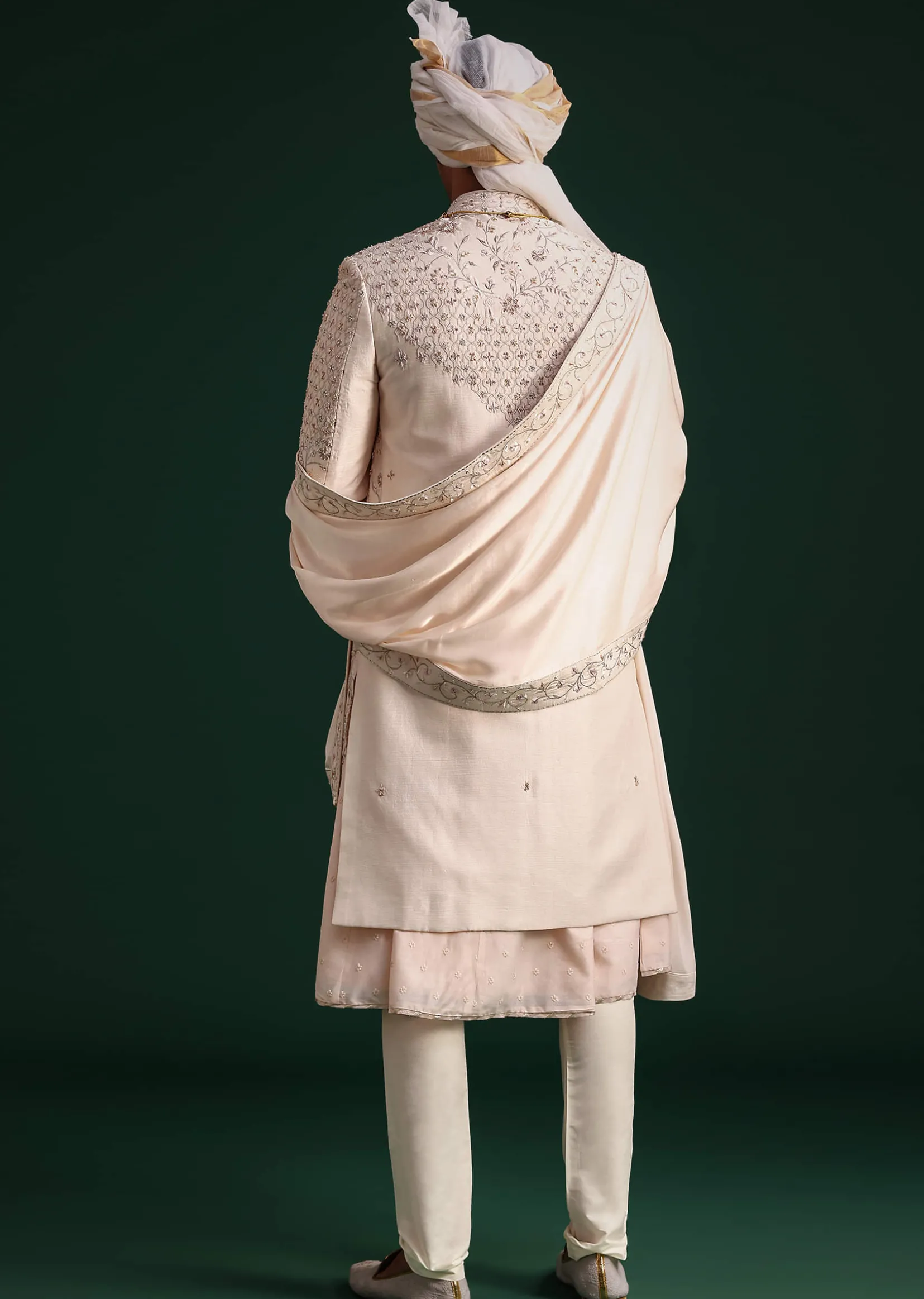 Peach Silk Zari Embroidered Sherwani Suit With Mala And Dupatta