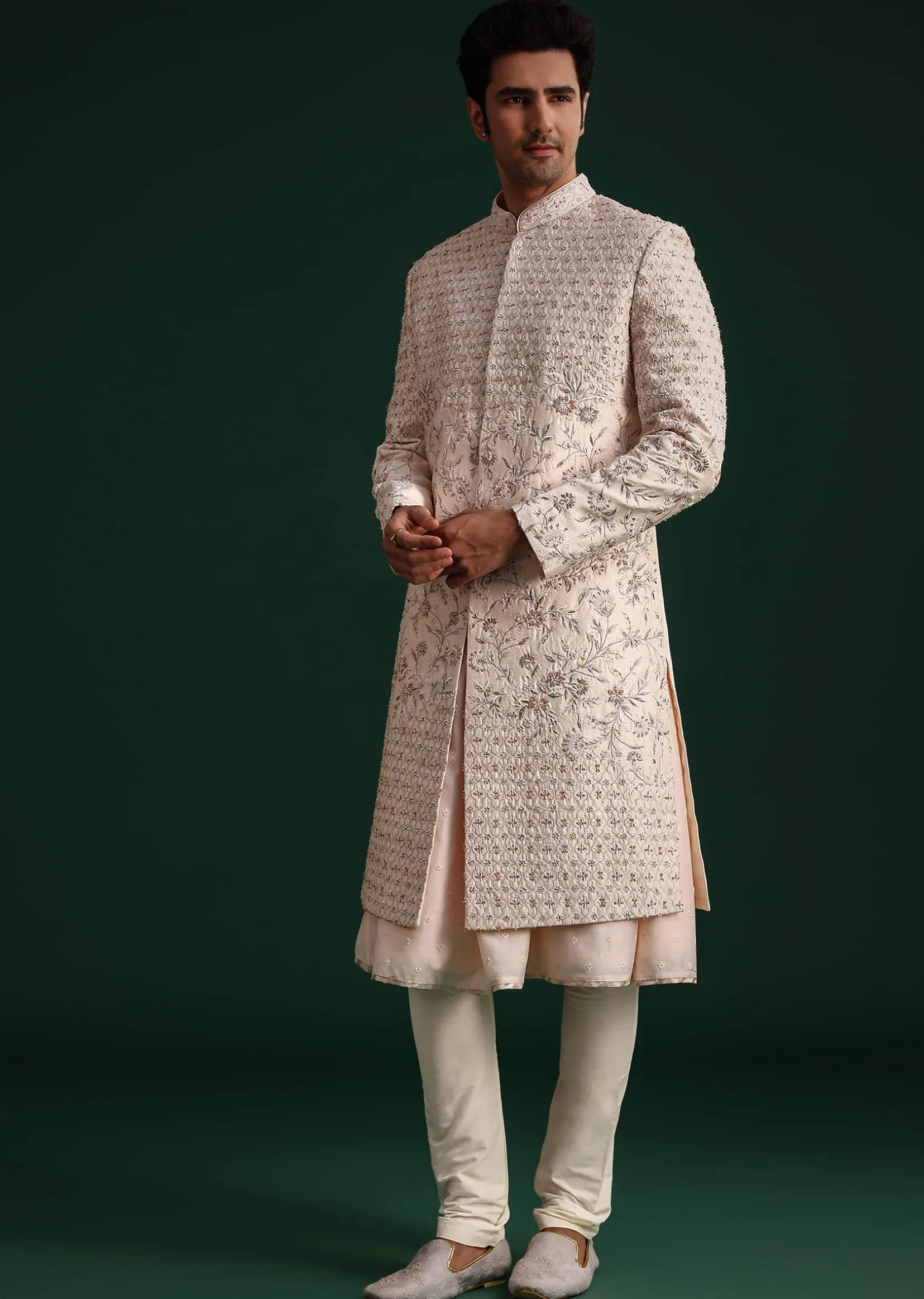Peach Silk Zari Embroidered Sherwani Suit With Mala And Dupatta