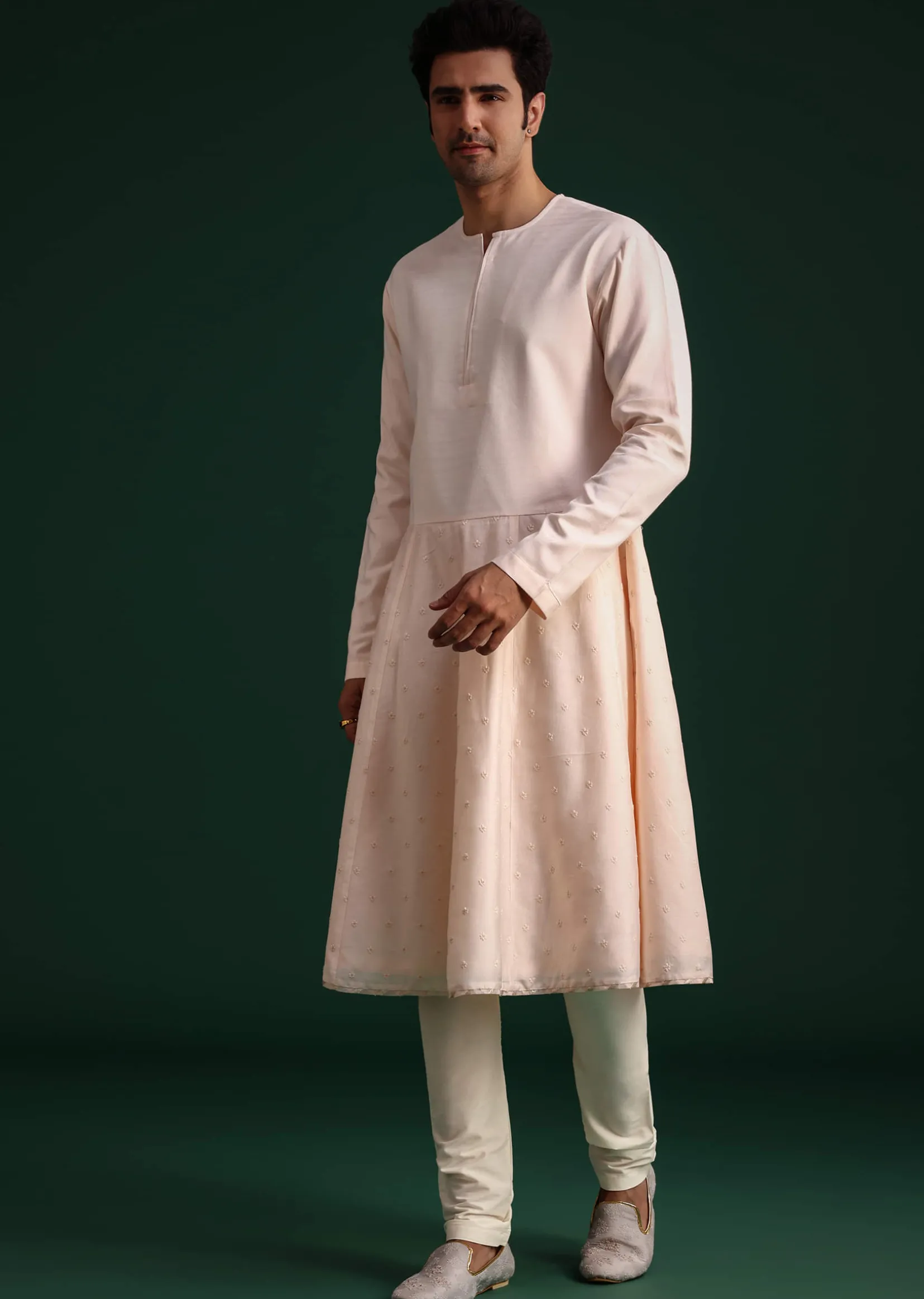 Peach Silk Zari Embroidered Sherwani Suit With Mala And Dupatta